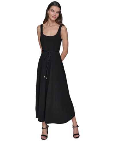 KARL LAGERFELD PARIS Women's Scoop-Neck Belted Sleeveless Midi Dress