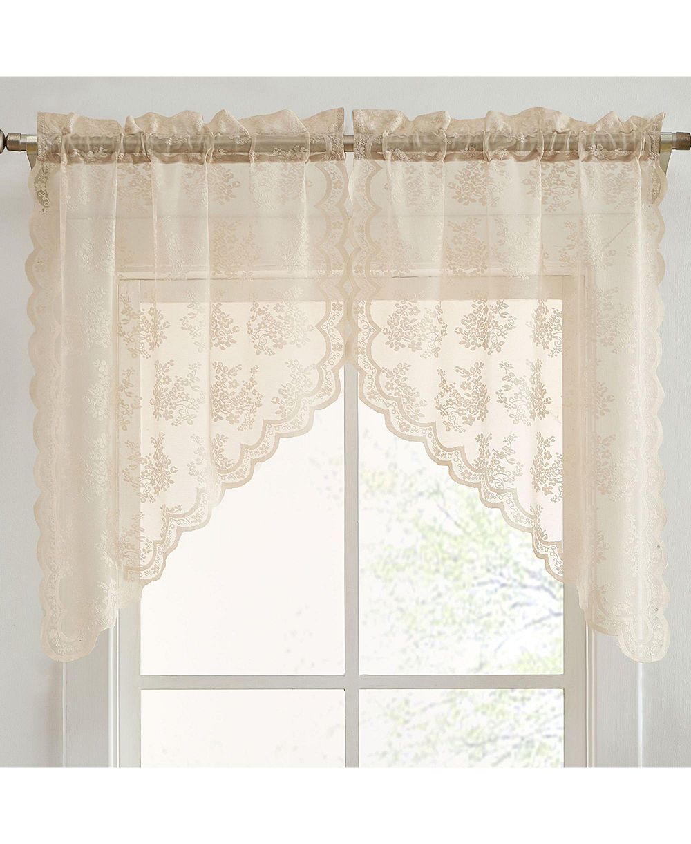 HLC.ME Jolene Floral Rod Pocket Lace Short Cafe Swags for Small Windows - 28 x 36 Inch Length (Taupe Swags, Set of 2)