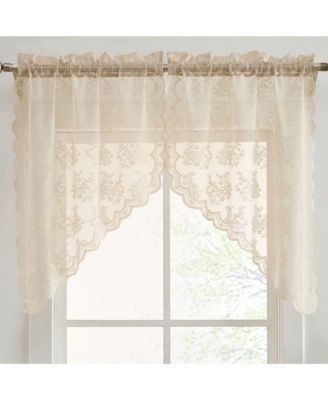 HLC.ME Jolene Floral Rod Pocket Lace Short Cafe Swags for Small Windows - 28 x 36 Inch Length (Taupe Swags, Set of 2)