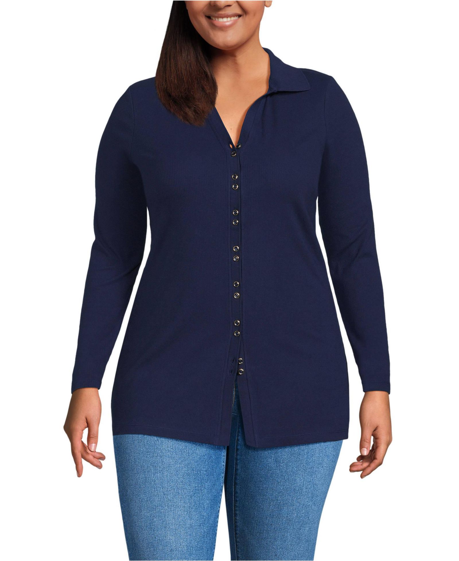 Lands' End Plus Size Long Sleeve Polished Rib Button Through Tunic Shirt