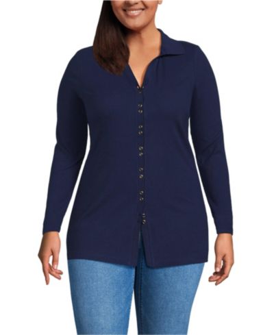 Lands' End Plus Size Long Sleeve Polished Rib Button Through Tunic Shirt
