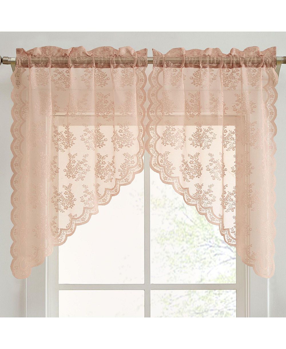 HLC.ME Jolene Floral Rod Pocket Lace Short Cafe Swags for Small Windows - 28 x 36 Inch Length (Blush Pink Swags, Set of 2)