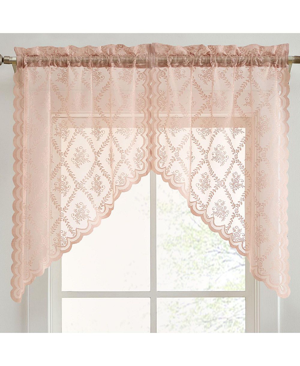 HLC.ME Isabella Floral Rod Pocket Lace Short Cafe Swags for Small Windows - 28 x 36 Inch Length (Blush Pink Swags, Set of 2)