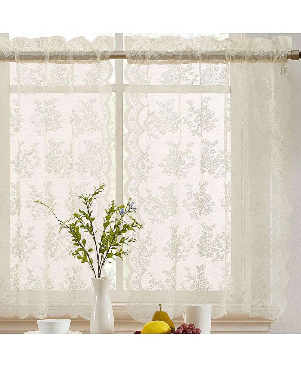 HLC.ME Jolene Floral Rod Pocket Lace Semi Sheer Voile Short Cafe Tiers for Small Windows - 28 x 36 Inch Length (Ivory Tiers, Set of 2)