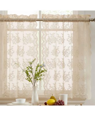 HLC.ME Jolene Floral Rod Pocket Lace Semi Sheer Voile Short Cafe Tiers for Small Windows - 28 x 24 Inch Length (Taupe Tiers, Set of 2)