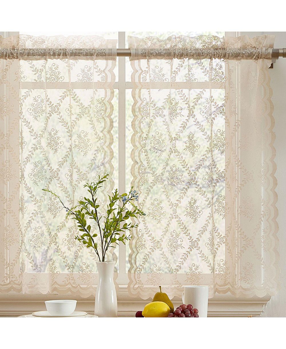 HLC.ME Isabella Floral Rod Pocket Lace Semi Sheer Voile Short Cafe Tiers for Small Windows - 28 x 24 Inch Length (Taupe Tiers, Set of 2)