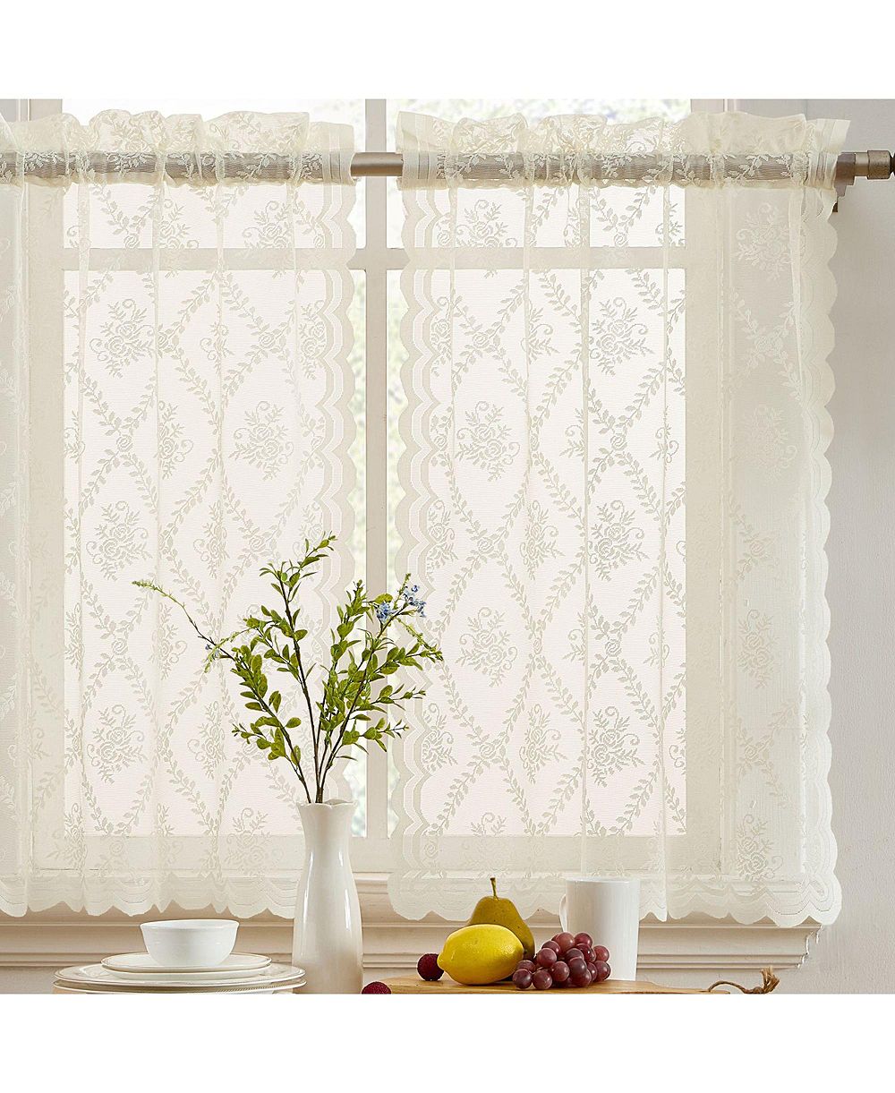HLC.ME Isabella Floral Rod Pocket Lace Semi Sheer Voile Short Cafe Tiers for Small Windows - 28 x 24 Inch Length (Ivory Tiers, Set of 2)