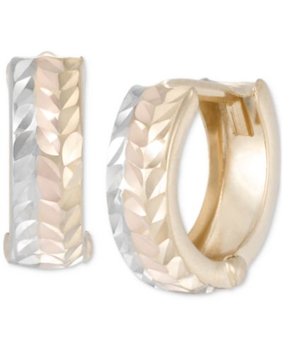 Tricolor Textured Small Huggie Hoop Earrings in 10k Gold, 1/2"