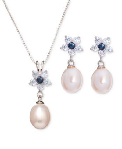 Baroque Cultured Freshwater Pearl (9x7mm), Sapphire (1/3 ct. t.w.) & Cubic Zirconia Flower Pendant Necklace & Drop Earrings Set in Sterling Silver