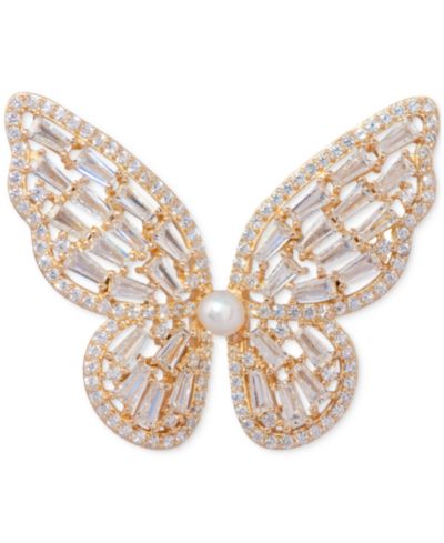 Брошь Cultured Freshwater Pearl (3mm) & Cubic Zirconia Butterfly in 18k Gold-Plated Sterling Silver