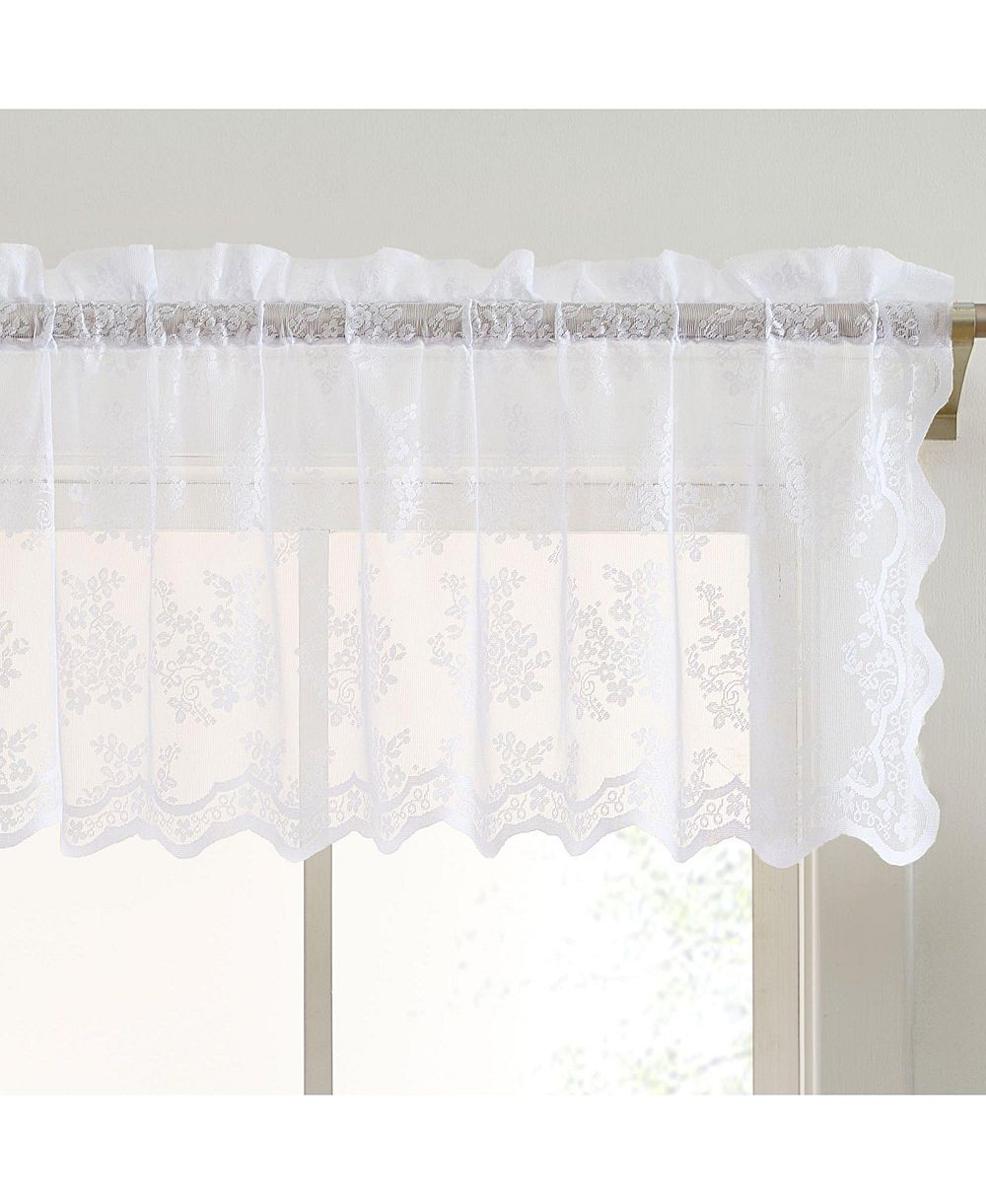 HLC.ME Jolene Floral Rod Pocket Lace Semi Sheer Voile Short Valance for Small Windows, Kitchen & Bathroom - 54 x 18 Inch Length (White Valance)