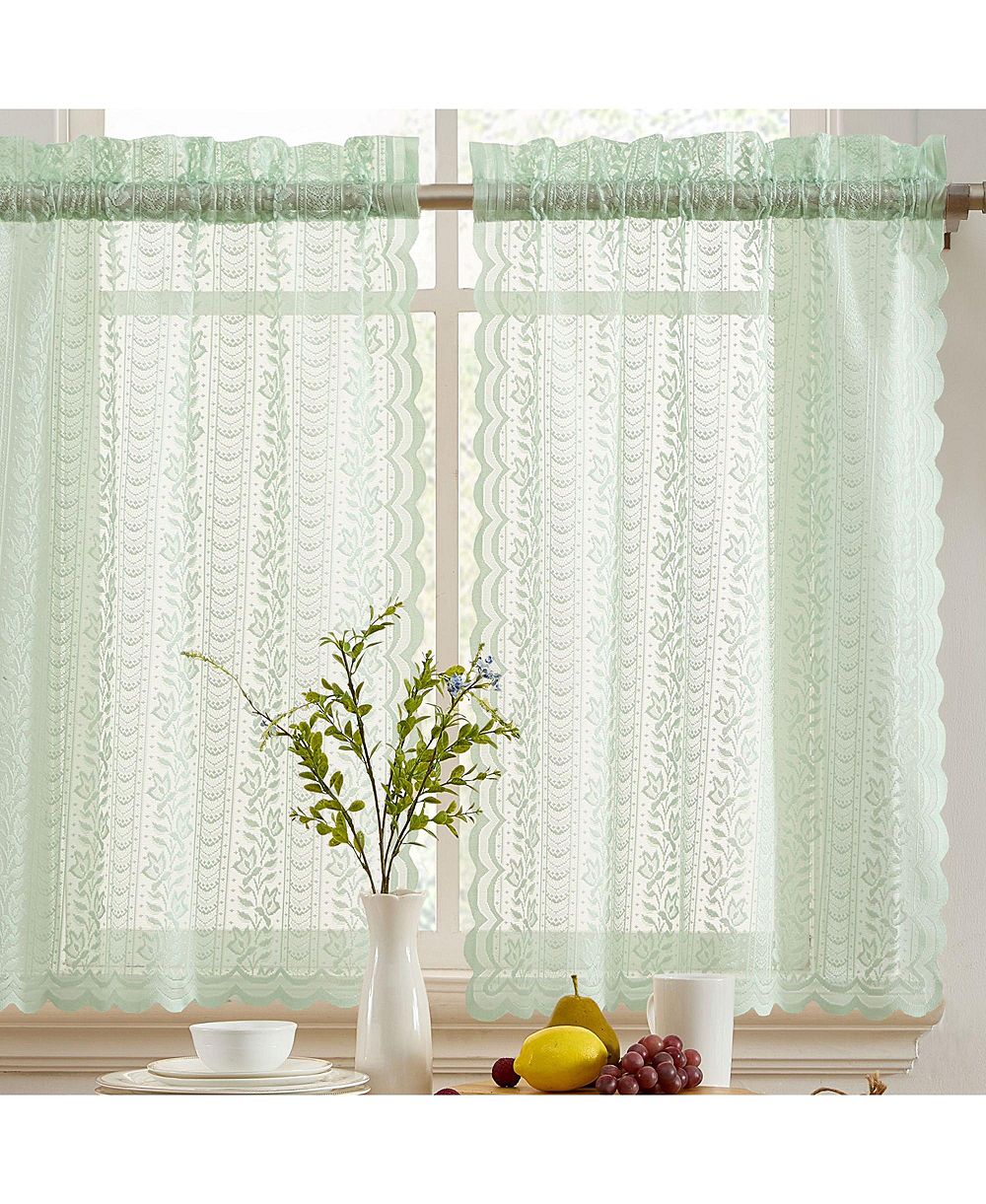 HLC.me  Sophia Floral Rod Pocket Lace Semi Sheer Voile Short Cafe Tiers for Small Windows - 28 x 24 Inch Length (Seafoam Green Tiers, Set of 2)