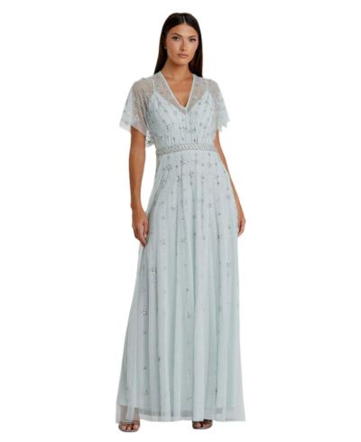 Вечернее платье Mac Duggal Women's V-Neck Embellished Flutter Sleeve A Line Gown