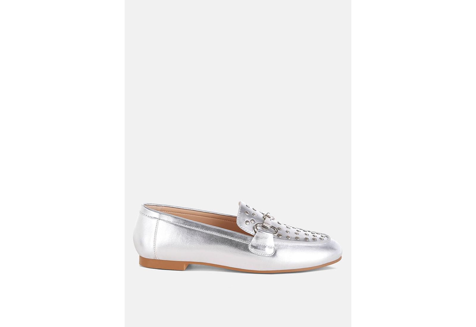 Rag and Co Womens Estafa Horsebit and Studs Metallic Pleather Loafers
