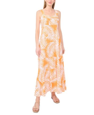 Vince Camuto Women's Tropical-Print Square-Neck Smocked-Back Sleeveless Maxi Dress