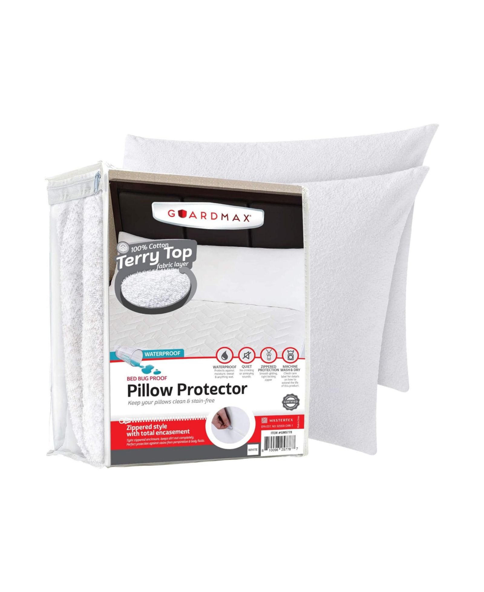 Guardmax Terry Cotton Waterproof Pillow Protector with Zipper - White (4 Pack)