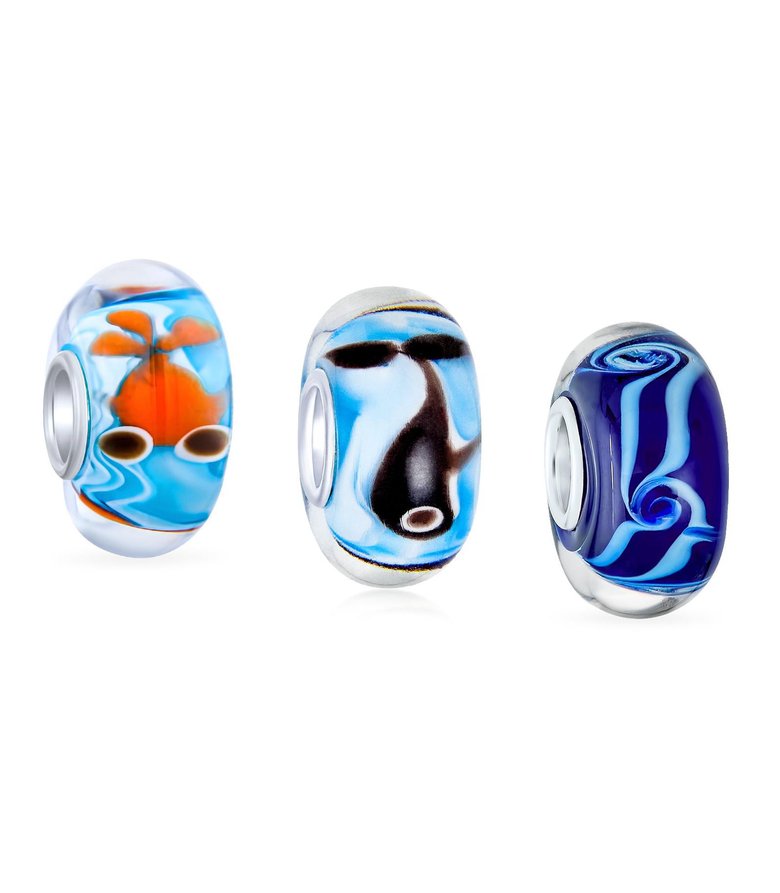 Bling Jewelry Gold-Fish, Whale ,Waves Glass Charm Bead for Bracelet Sterling Silver 3 Set