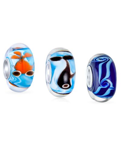 Bling Jewelry Gold-Fish, Whale ,Waves Glass Charm Bead for Bracelet Sterling Silver 3 Set