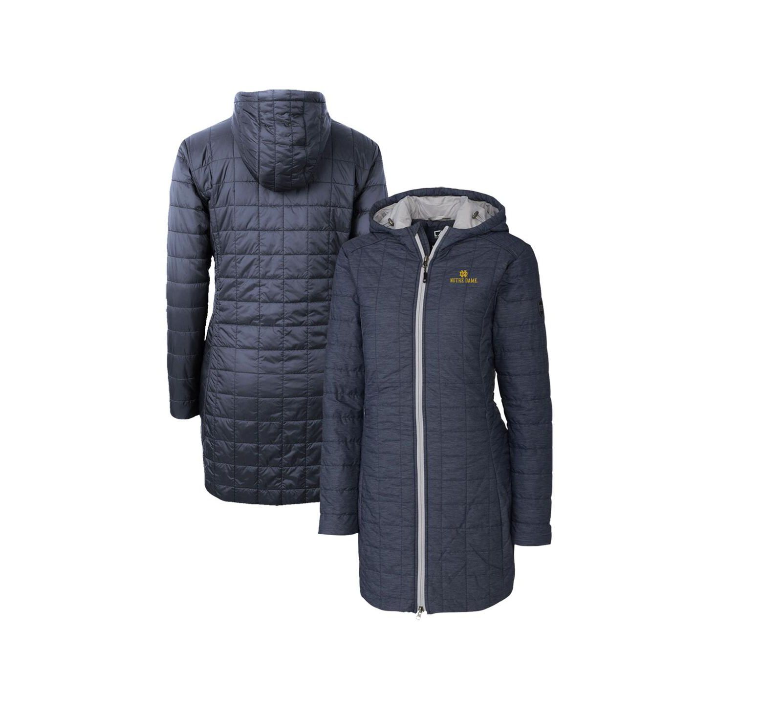 Длинный женский плащ Cutter & Buck Heather Navy Notre Dame Fighting Irish Rainier PrimaLoft с капюшоном