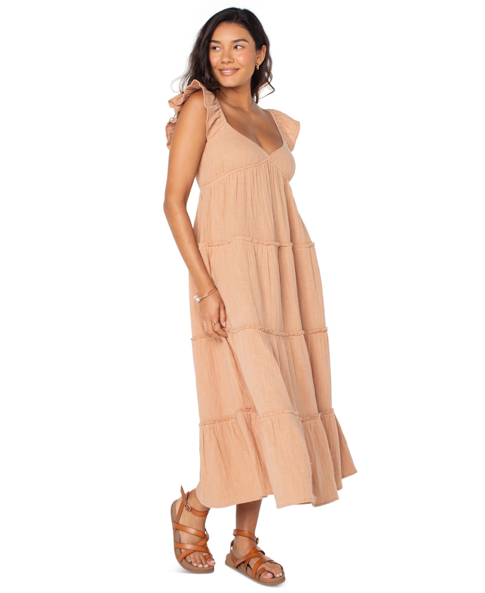 Roxy Women's Palmy Days Cotton Smocked-Back Tiered Midi Dress