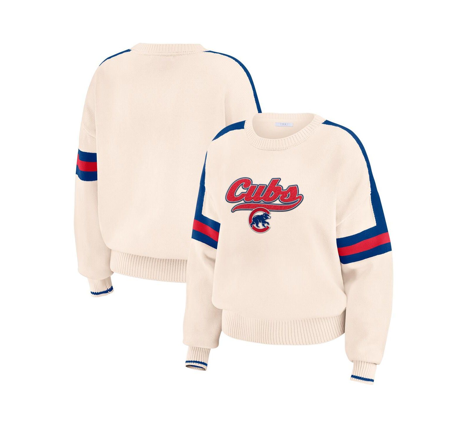 WEAR by Erin Andrews Women's Cream Chicago Cubs Stripe Pullover Sweater