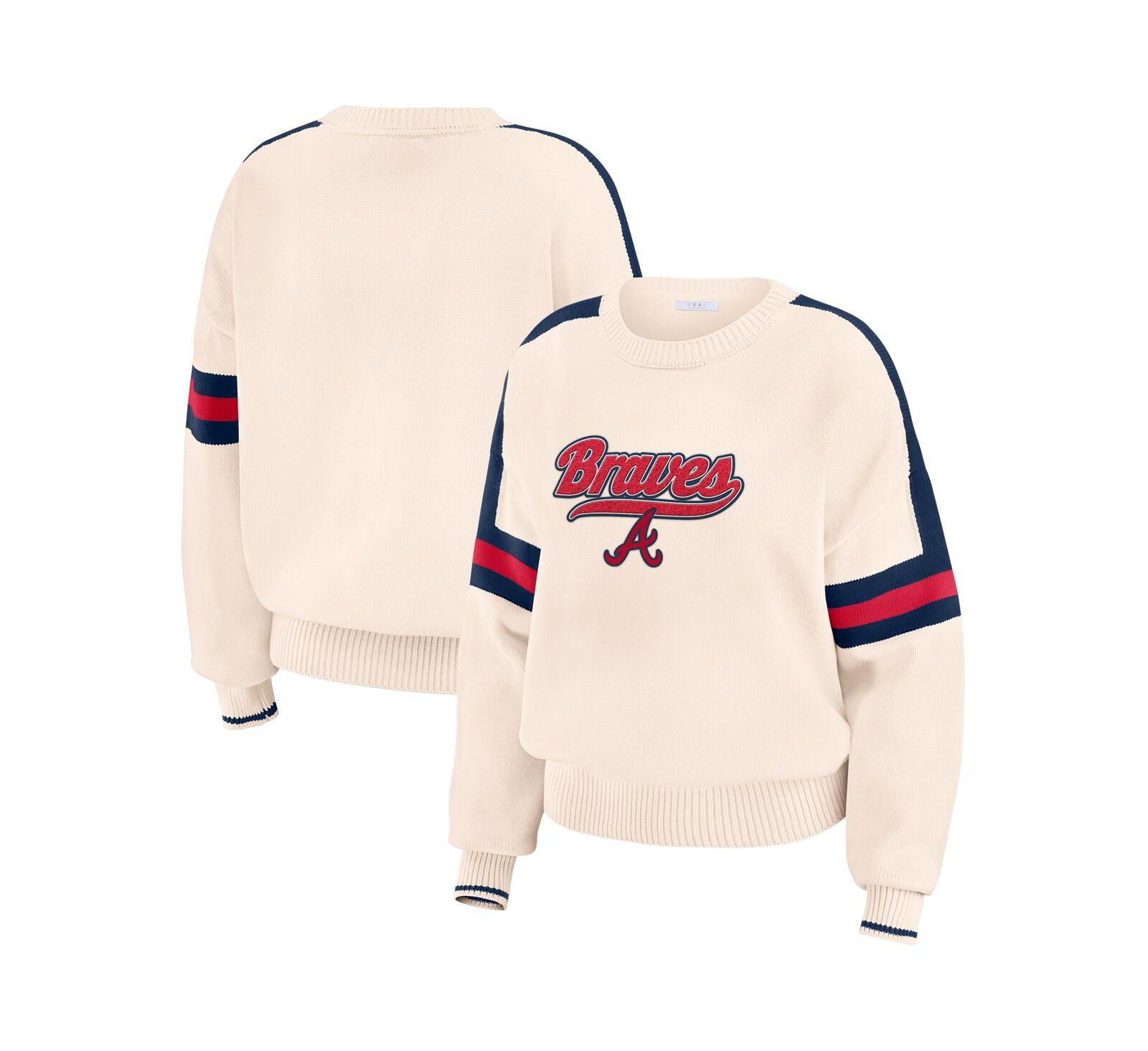 WEAR by Erin Andrews Women's Cream Atlanta Braves Stripe Pullover Sweater