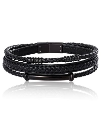 Lucky Brand 3-Row Black Corded Bracelet for Men (Black, 8.25") | IP-Plated Stainless Steel and Faux Leather Cord