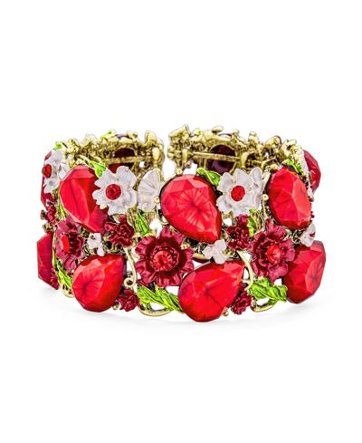 Bling Jewelry Fashion Floral Red Crystal Flower Wide Cuff Statement Bracelet Gold Plated