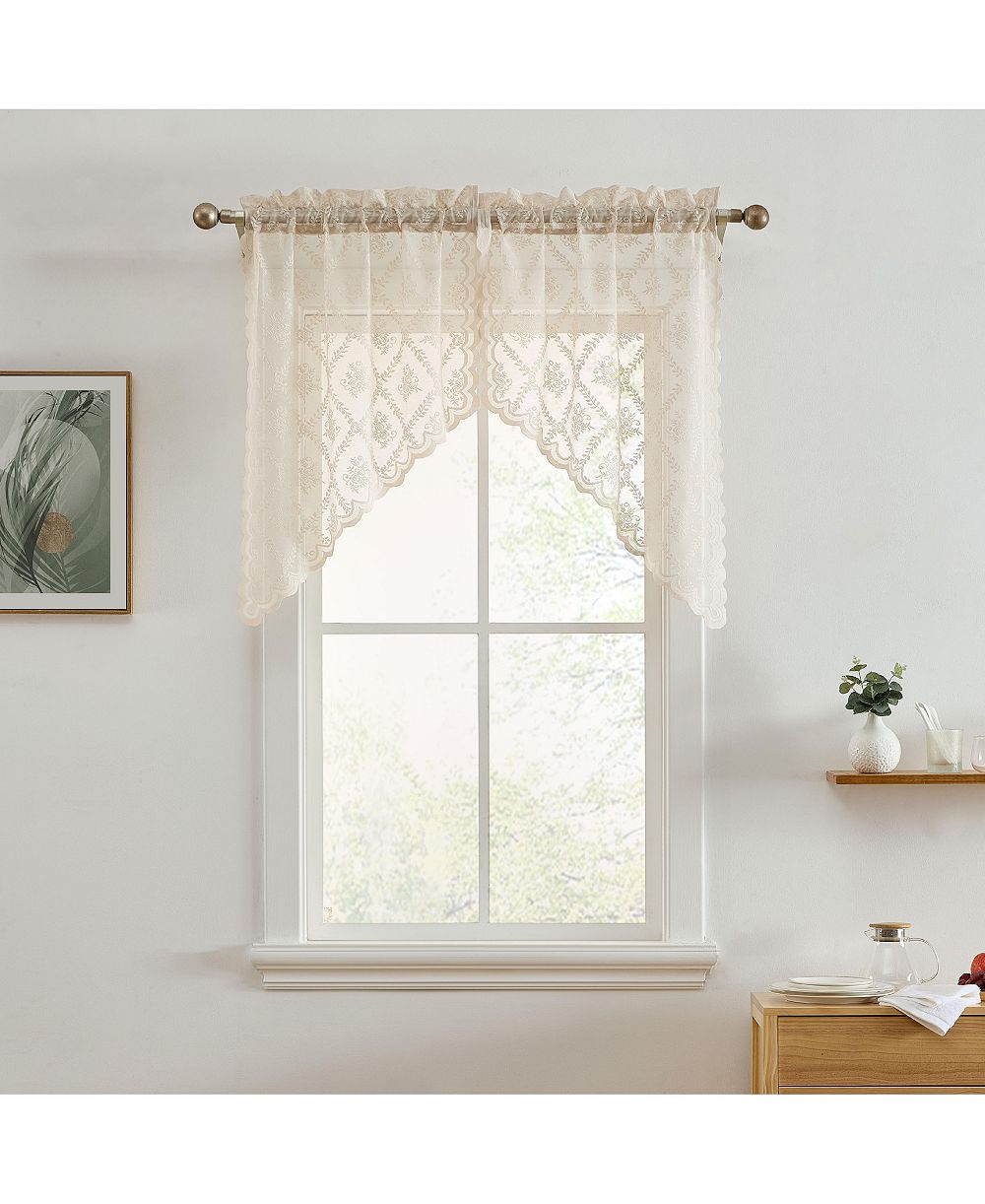HLC.me Isabella Floral Rod Pocket Lace Short Cafe Swags for Small Windows - 28 x 36 Inch Length (Taupe Swags, Set of 2)