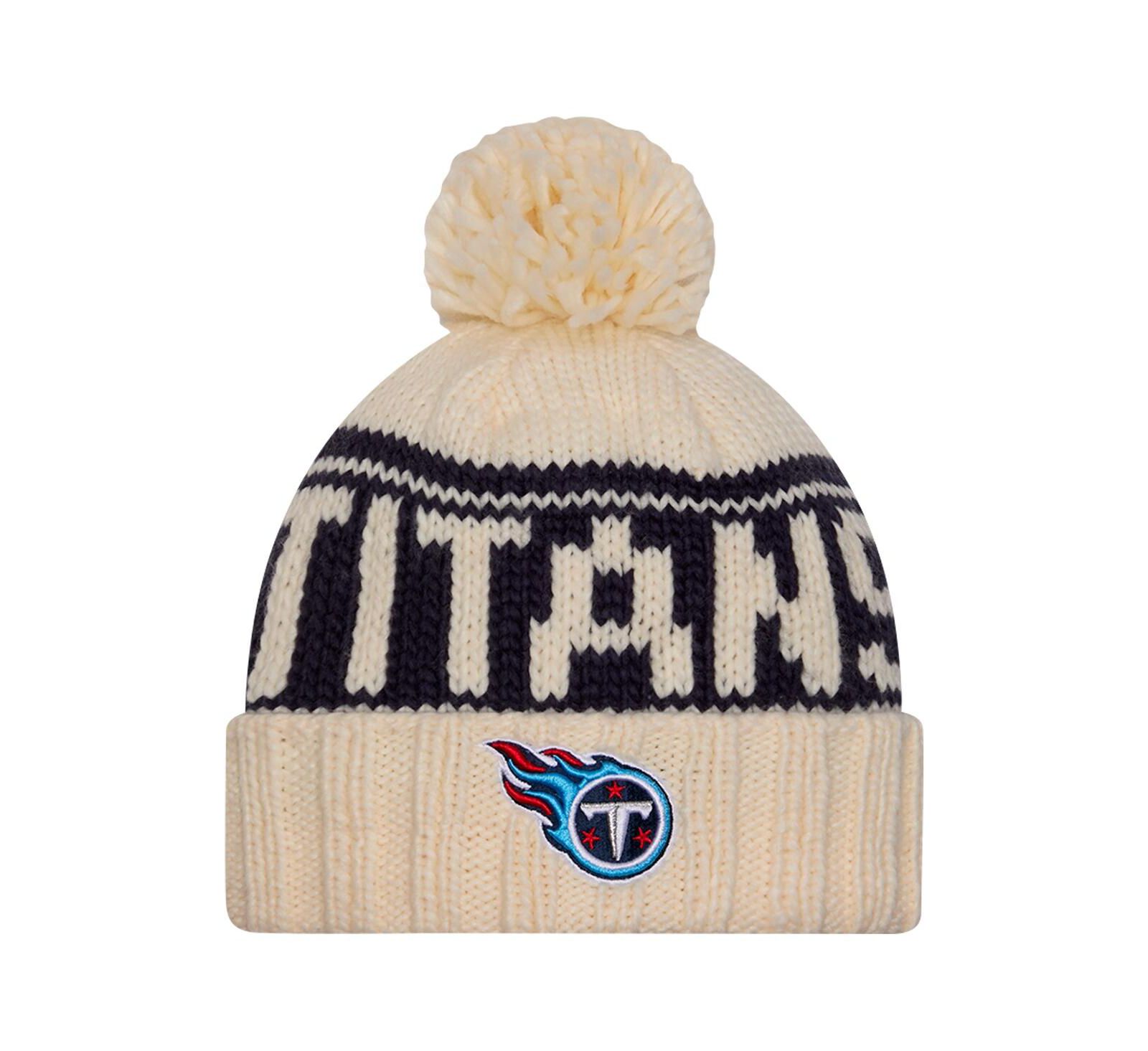New Era Women's Cream Tennessee Titans 2024 Sideline Cuffed Knit Hat with Pom