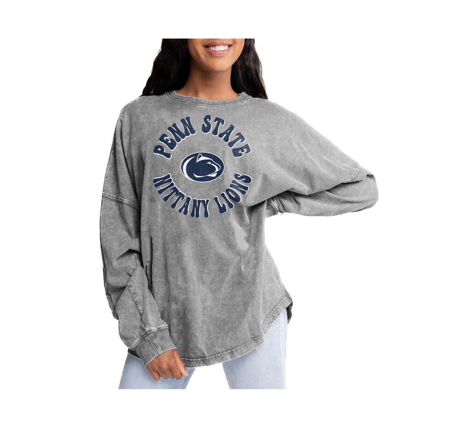 Gameday Couture Women's Gray Penn State Nittany Lions Playing Around Faded Wash Oversized Long Sleeve T-Shirt