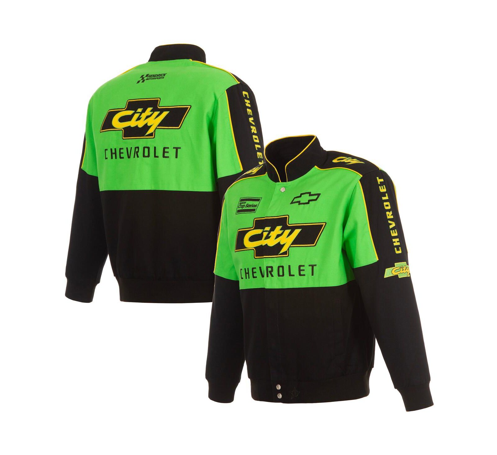 JH Design Men's Black/Green NASCAR City Chevrolet Legend Full-Snap Twill Uniform Jacket