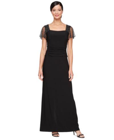 SL Fashions Petite Beaded Flutter-Sleeve Ruched Gown