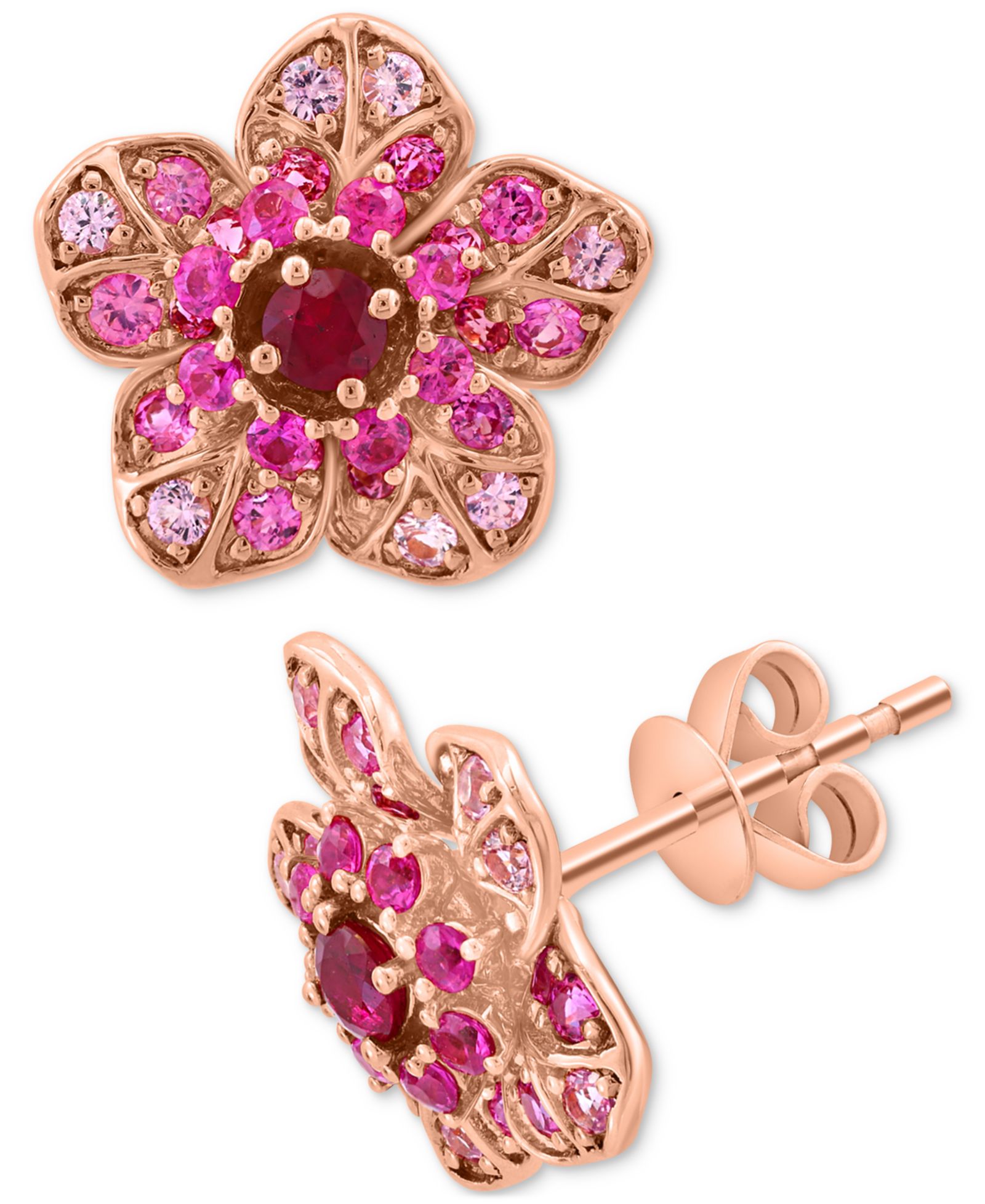 EFFY® Серьги-гвоздики с розовым сапфиром и рубином, 14k Rose Gold, цветок
