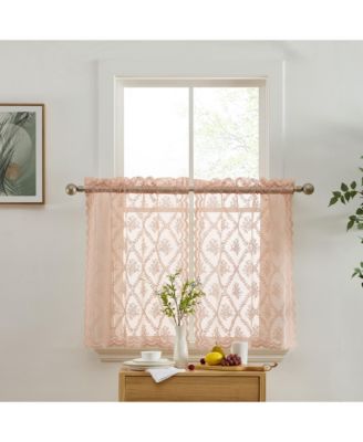 HLC.ME Isabella Floral Rod Pocket Lace Semi Sheer Voile Short Cafe Tiers for Small Windows Length (Blush Tiers, Set of 2)