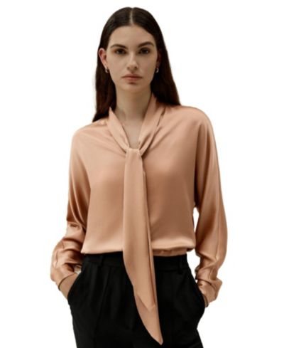 Женский шелковый топ с рукавами-фонариками и регулируемым воротником LILYSILK