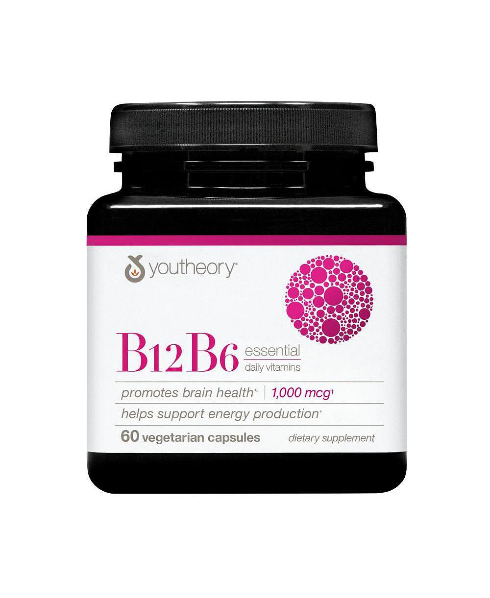 Youtheory Vitamin B12 B6, Daily Energy and Brain Support Supplement, Vegetarian Capsules, 60