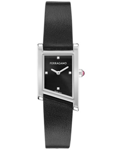Ferragamo Женские швейцарские часы с асимметричным черным кожаным ремешком, 22x36 мм