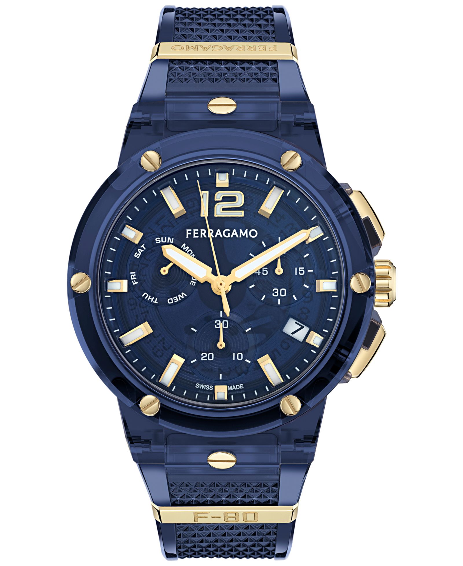 Часы Ferragamo Men's Swiss Chronograph F-80 с синим ремешком из полиуретана 44mm