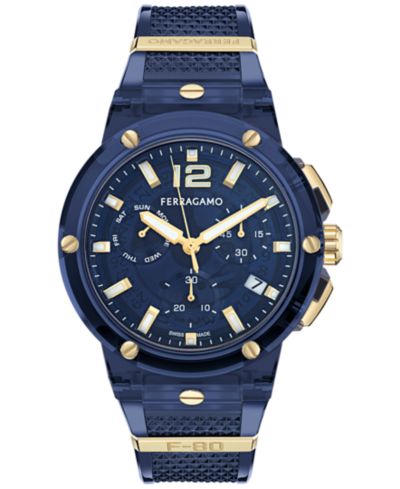 Часы Ferragamo Men's Swiss Chronograph F-80 с синим ремешком из полиуретана 44mm