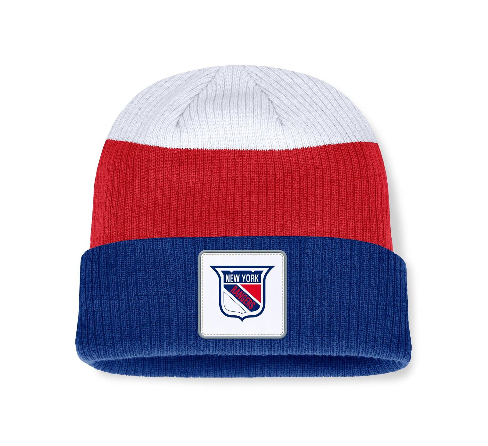 Мужская вязаная шапка Fanatics New York Rangers Heritage Showboat Color-Block Cuffed синяя/красная