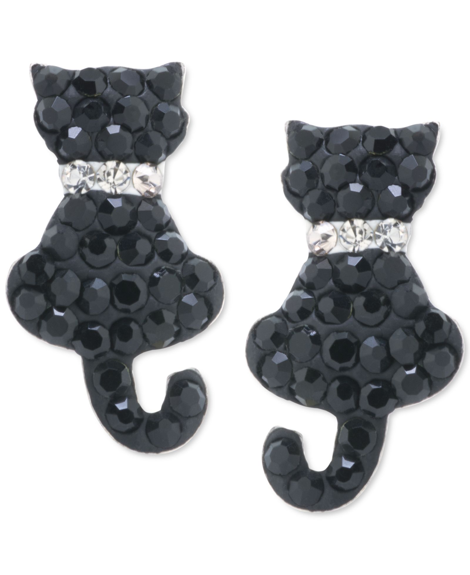 Crystal Black & White Pavé Cat with Collar Stud Earrings in Sterling Silver