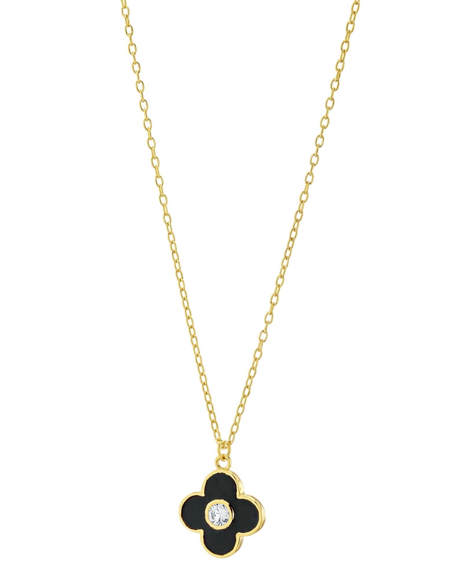 Cubic Zirconia Black & White Clover Pendant Necklace in 14k Gold-Plated Sterling Silver, 16" + 2" extender