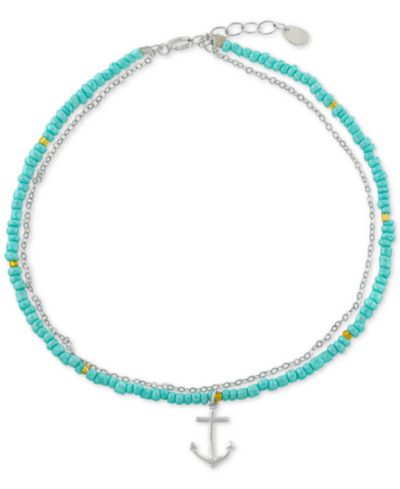 Anchor Charm Seed Beaded Double Chain Ankle Bracelet in Sterling Silver