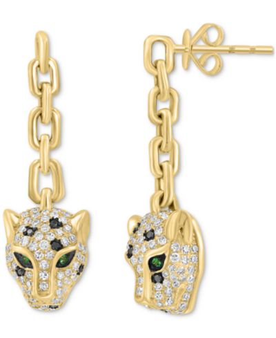 EFFY® White & Black Diamond (3/4 ct. t.w.) & Tsavorite Accent Jaguar Head Drop Earrings in 14k Gold