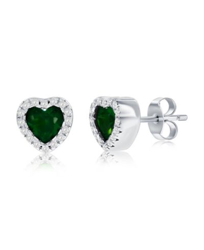 Sterling , Emerald CZ Heart Stud Earrings
