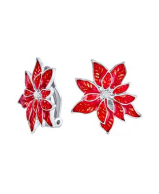 Bling Jewelry Large Red Enamel Christmas Flower Poinsettia Clip-On Earrings Silver Plated