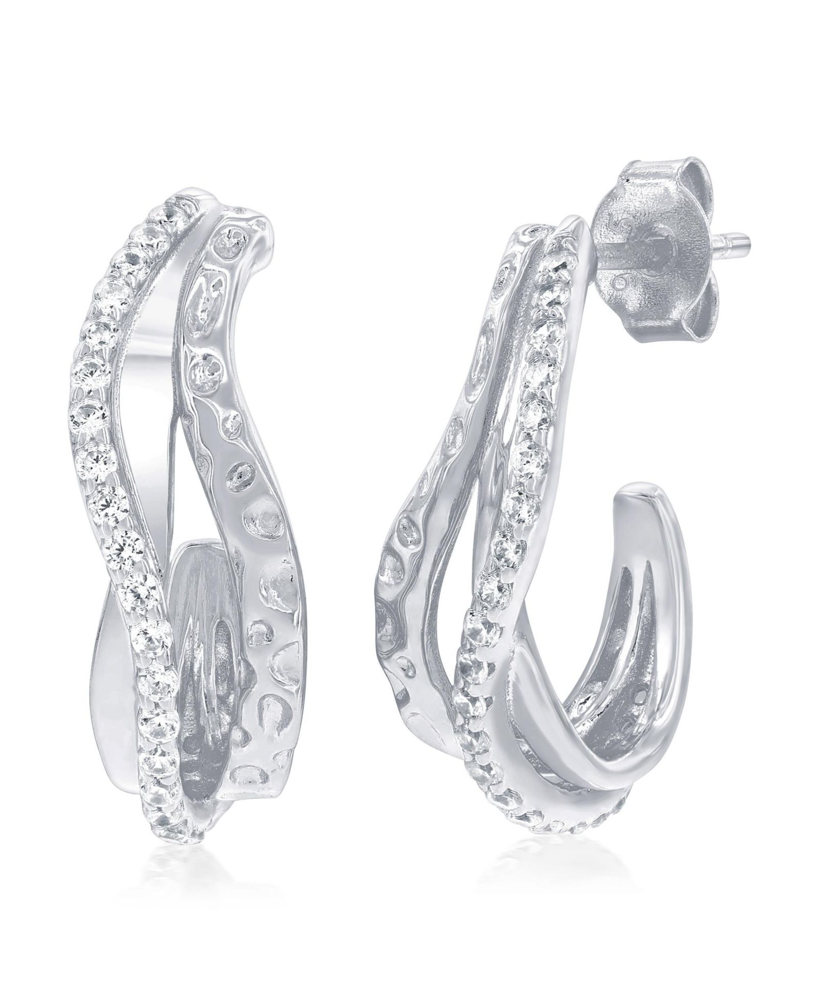 Sterling , Wavy Design Half Hoop CZ Earrings