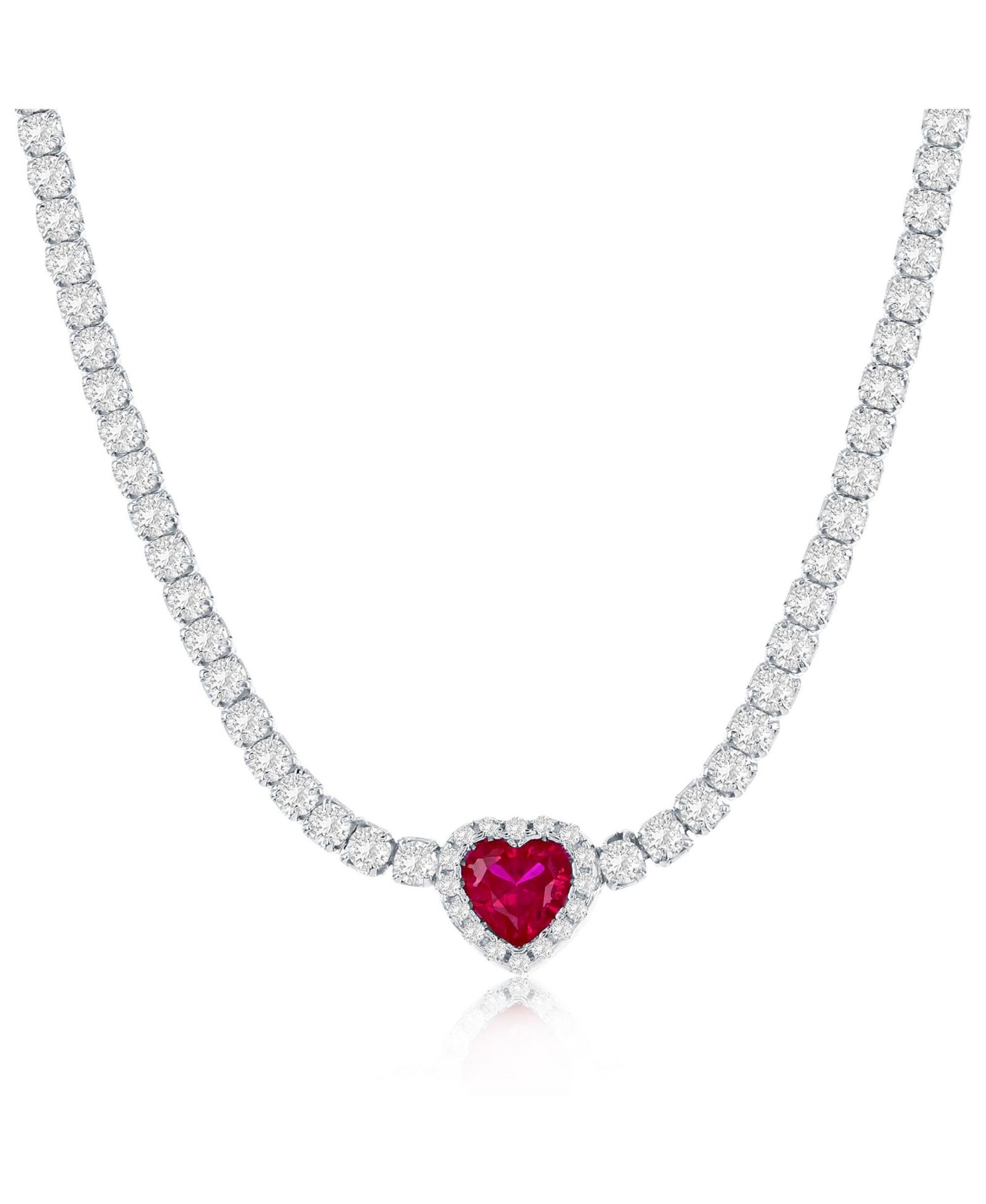 Sterling , Ruby Heart CZ Tennis Necklace
