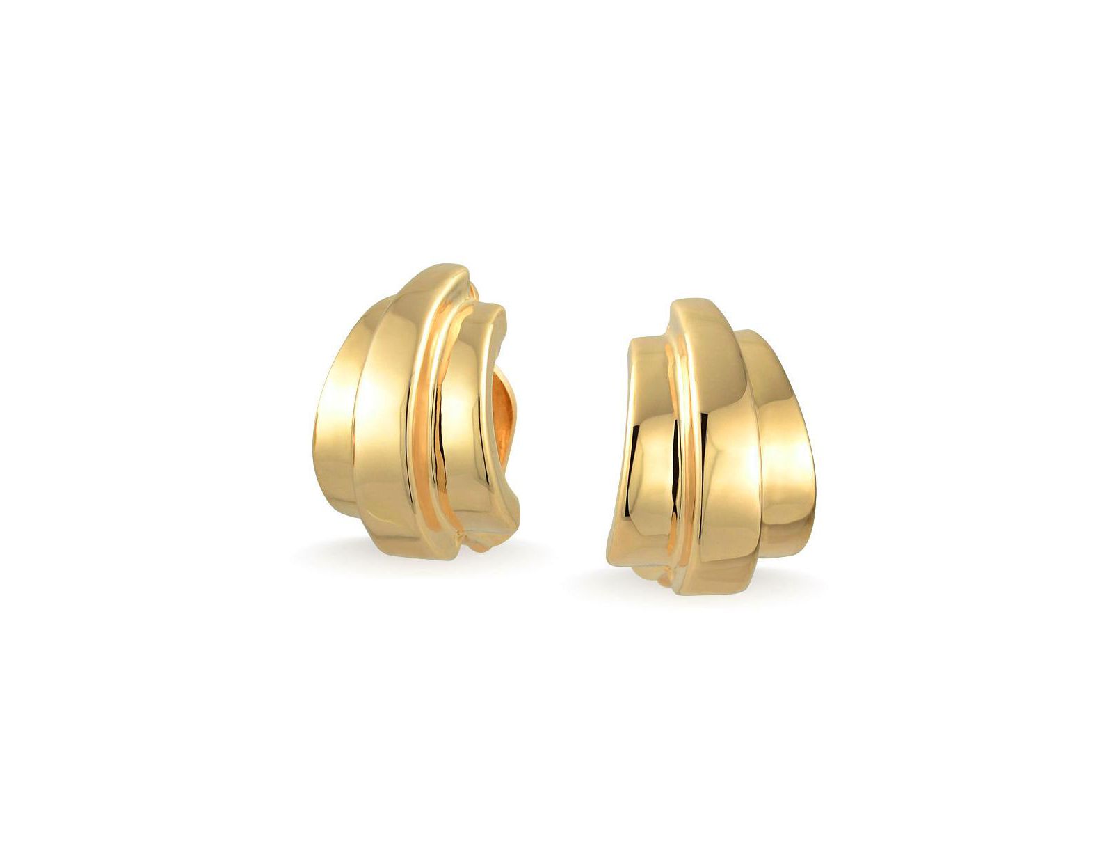 Bling Jewelry Modern Shrimp Style Half Hoop Clip On Earrings Gold Plated Non-Pierced